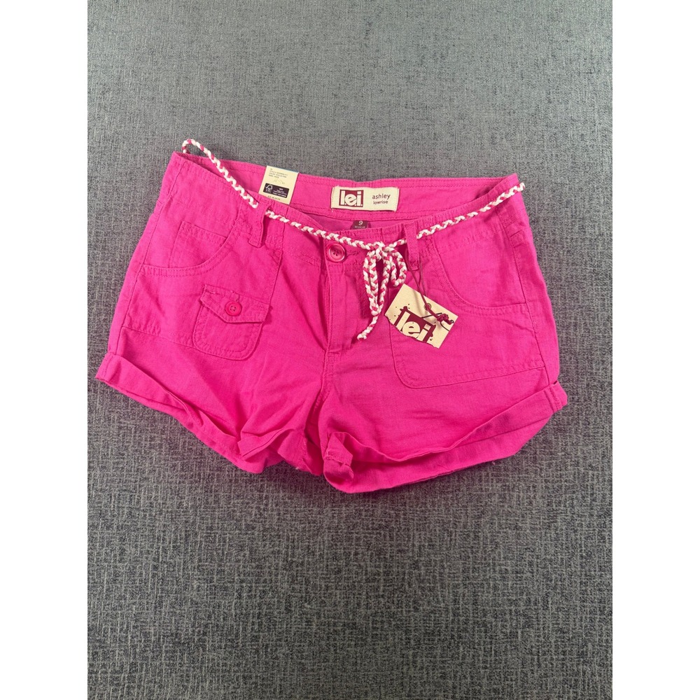 LEI Ashley Lowrise Shorts Womens 9 Pink Y2K Braided Belt Cuffed Tickled Pink NEW